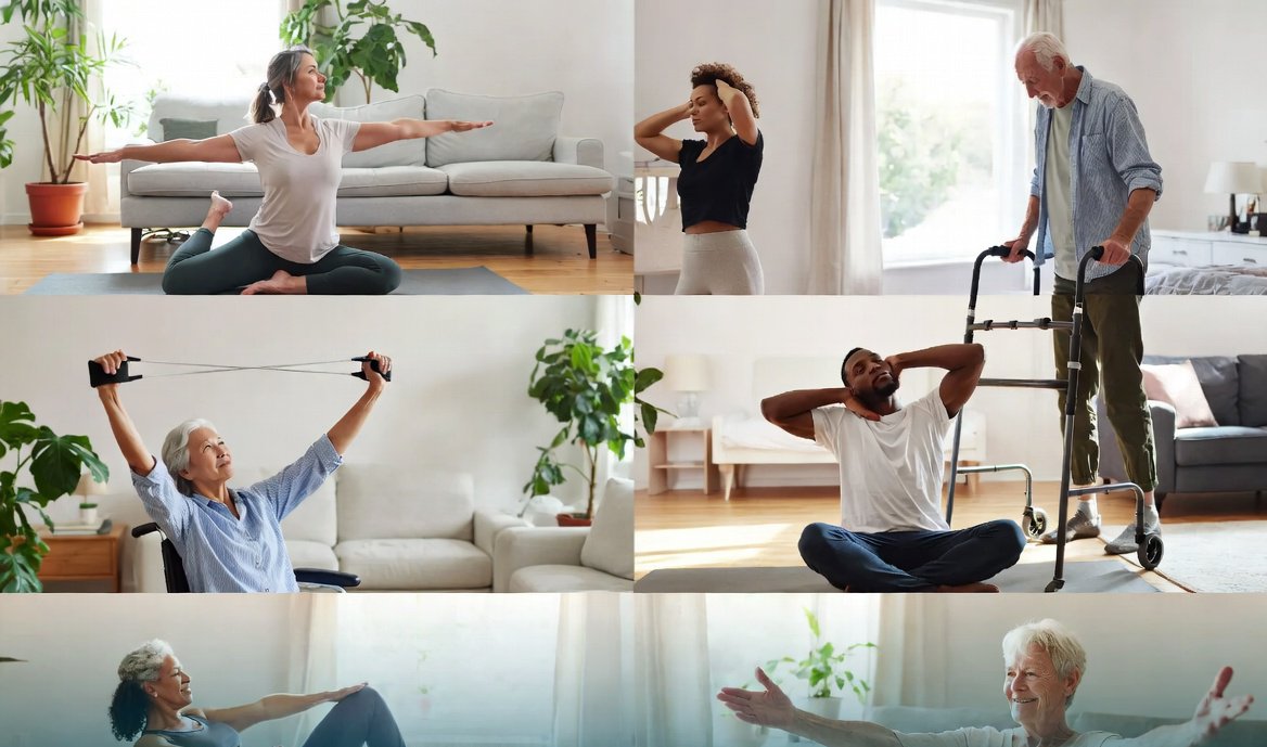 People doing guided rehabilitation exercises at home